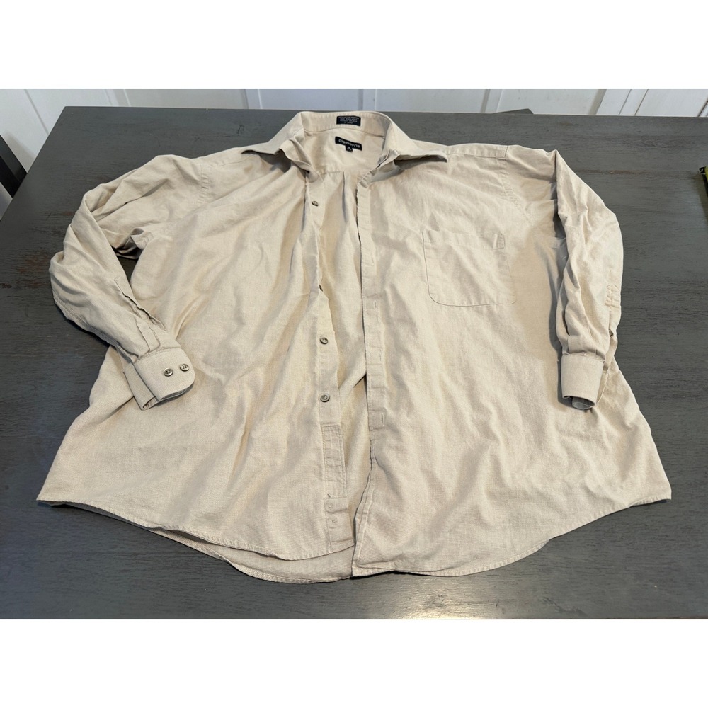 Claiborne Mens Tan Micro Check 100% Cotton Button Down Shirt 18 34-35 Beige